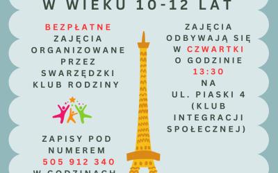 Grafika promocyjna przedstawiajÄca plakat dotyczÄcy bezpÅatnych zajÄÄ z podstaw jÄzyka francuskiego dla dzieci w wieku 10-12 lat, organizowanych przez Centrum UsÅug SpoÅecznych w SwarzÄdzu. W tle znajduje siÄ stylizowana na rysunkowÄ wieÅ¼Ä Eiffla, a w gÃ³rnej czÄÅci widnieje logo Centrum UsÅug SpoÅecznych w SwarzÄdzu oraz logo miasta SwarzÄdz.  TreÅÄ plakatu informuje, Å¼e zajÄcia odbywajÄ siÄ w czwartki o godzinie 13:30 w Klubie Integracji SpoÅecznej, ktÃ³ry mieÅci siÄ przy ul. Piaski 4. Zapisy na zajÄcia odbywajÄ siÄ telefonicznie pod numerem 505 912 340 w godzinach 7:30-15:30. Wykorzystano kolorowe akcenty (czerwony i zielony) do wyrÃ³Å¼nienia kluczowych informacji, takich jak numer telefonu i godziny zajÄÄ. Plakat jest utrzymany w przyjaznej, dzieciÄcej estetyce.