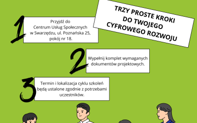 Ulotka pokazująca krok po kroku, co trzeba zrobić, żeby zapisać się na cykl szkoleń w ramach projektu 