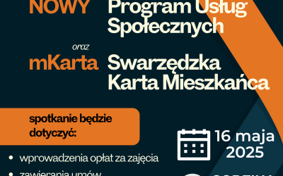 Plakat informuje o spotkaniu organizacyjnym 16 maja 2025 o godz. 12:30 w Centrum AktywnoÅci Seniora w SwarzÄdzu. Tematy: nowy Program UsÅug SpoÅecznych, mKarta, opÅaty za zajÄcia, umowy, zniÅ¼ki i koncerty dla seniorÃ³w. Organizator: Centrum UsÅug SpoÅecznych w SwarzÄdzu.