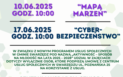 Plakat informujący o warsztatach z cyklu Profilaktyka dla seniora. W centrum plakatu widnieją ich tytuły Mapa Marzeń i Cyberbezpieczeństwo. Plakat zawiera paski z logotypami, informacje organizacyjne oraz hasztagi: fundusze ue i fundusze europejskie.