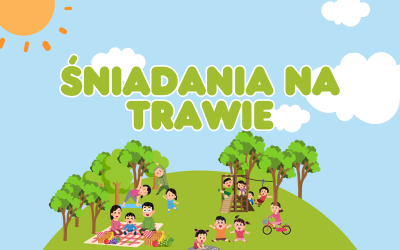 Ilustracja przedstawia zielone półkole przywodzące na myśl kulę ziemską, na której rosną drzewa. Pomiędzy nimi na trawie piknikują ludzie. W tle widać błękitne niebo z białymi chmurami i świecące słońce. W środku umieszczono napis Śniadania na trawie.