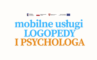 Plakat przedstawiający logotypy i nazwę mobilnych usług logopedy i psychologa.