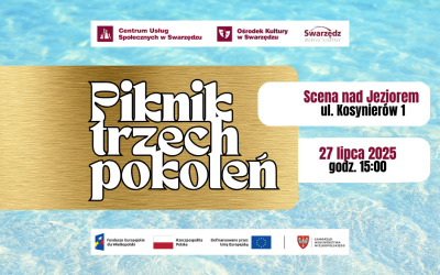 Baner informujący o Pikniku Trzech Pokoleń. Na tle przejrzystej, błękitnej wody morskiej umieszczono nazwę imprezy, logotypy organizatorów i podmiotów finansujących Piknik oraz informacje dotyczące miejsca, dnia i godziny imprezy.