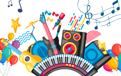 Na białym tle umieszczono duży napis Letnia Dyskoteka Seniora. Pod nim na środku znajduje się kolorowa grafika przedstawiająca balony, nuty, gitary, głośniki i keyboard. Na samym dole umieszczono informacje organizacyjne i logotypy organizatorów.