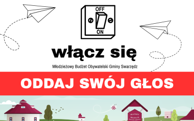 Baner dotyczący głosowania w młodzieżowym budżecie obywatelskim. Tytuł brzmi włącz się. Pod nim duży napis oddaj swój głos.
