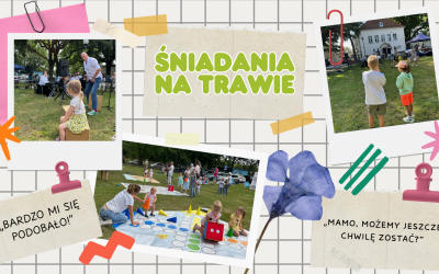 Tablica w kratkę, na której umieszczone są zdjęcia ze Śniadania na trawie i karteczki z napisami.