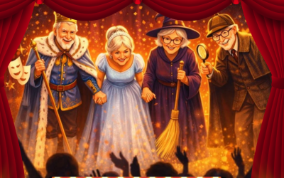 Kolorowy plakat baner do spektaklu pod tytułem Co byś zrobił, gdybym umarła wystawianego przez seniorów z sekcji teatralnej Ośrodka Kultury.