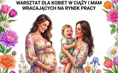 Baner przedstawiający dwie ilustrowane uśmiechnięte kobiety. Jedna z nich jest w ciąży i trzyma się za brzuch, a druga stoi z dzieckiem na rękach.