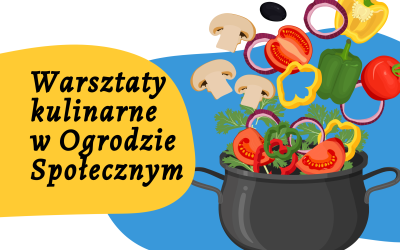 Baner wprowadzający w artykuł zapraszający mieszkańców gminy Swarzędz do udziału w warsztatach kulinarnych w ogrodzie społecznym. Na białym tle garnek z warzywami.