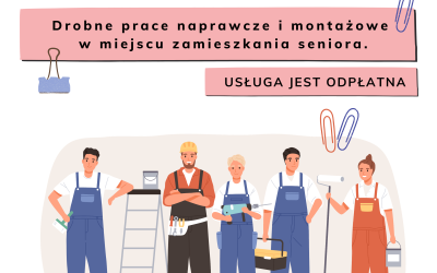 Baner wprowadzający w artykuł o usłudze złotej rączki dla seniorów. Grafika przedstawia pięciu fachowców w strojach roboczych gotowych do pracy.