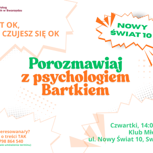 Griafika promująca konsultacje z psychologiem Bartkiem. Opatrzona logotypami oraz geometrycznymi kształtami w zielonym i pomarańczowym kolorze.
