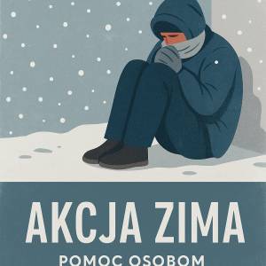 Ilustracja przedstawia skulonego, zmarzniętego mężczyznę, siedzącego na śniegu, opartego plecami o ścianę budynku. W tle widać padający śnieg. 