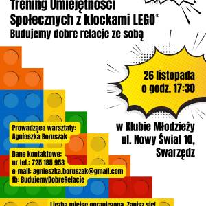 Kolorowy plakat promujący trening umiejętności społecznych dla młodzieży. Plakat zawiera logotypy, informacje organizacyjne oraz dane kontaktowe.