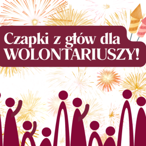Baner z okazji Dnia Wolontariusza. Widać napis: Czapki z głów dla wolontariuszy, a pod nim ilustrowane ludziki, które podziwiają fajerwerki.