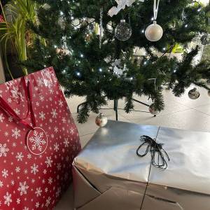 Zdjęcie przedstawia dwa prezenty w świątecznych opakowaniach leżące pod ubraną choinką.