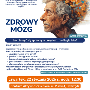 Plakat informujący o bezpłatnym spotkaniu. Oprócz informacji umieszczono grafikę głowy seniora, z której wydobywa się mozaika różnokolorowych kafelków.