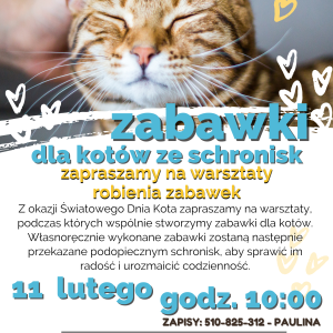Plakat informujący o warsztatach z okazji Światowego Dnia Kota.