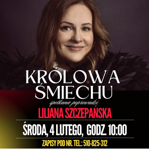 Plakat informujący o spotkaniu poświęconym twórczości Joanny Kołaczkowskiej. Widnieją na nim zdjęcie portretowe aktorki i informacje.