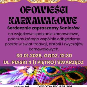 Plakat dotyczący spotkania karnawałowego. Na fioletowo-białym tle przedstawiono informacje organizacyjne, zdjęcie maski z cekinami i wachlarza z piór.