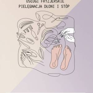 Plakat. Tło w połowie koloru kawa z mlekiem, w połowie delikatny fiolet. W centrum bohomaz przedstawiający narzędzia fryzjerskie, dłonie i stopy.