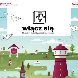 Plakat przedstawiający ilustrowane budynki charakterystyczne dla Swarzędza, zielone miejsca nad jeziorem i napis włącz się z pstryczkiem elektryczkiem.