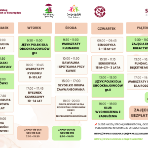 Plan zajęć w Klubie Integracji Społecznej przedstawiony w formie tabeli. 