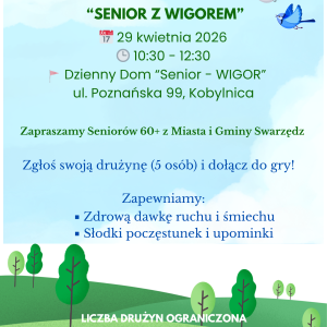 Kolorowy plakat informujący o grze terenowej dla seniorów zawierający logotypy, info, ilustrację pofałdowanych zielonych pól, drzew, kwiatów i ptaków.