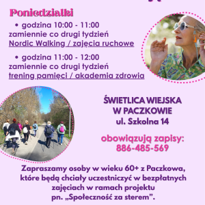 Kolorowy plakat dotyczący zajęć dla seniorów w Paczkowie. Zawiera dwa zdjęcia seniorów w czasie zajęć, informacje i logotypy projektu Społeczność za sterem.