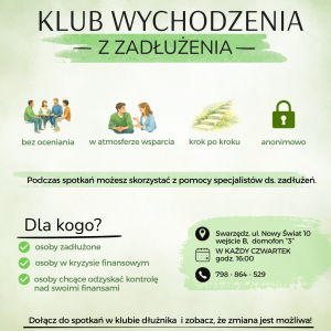 Plakat informujący o spotkaniach klubu wychodzenia z zadłużenia. Na zielonym tle umieszczono tekst, a na górze strony logotypy.