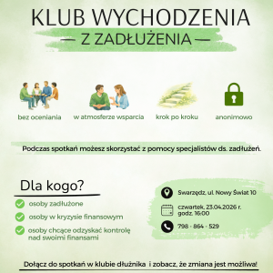 Plakat informujący o spotkaniach klubu wychodzenia z zadłużenia. Na zielonym tle umieszczono tekst, a na górze strony logotypy.