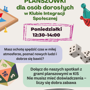 Planszówki dla dorosłych. Jasny plakat z logotypami, obrazkami i kolorowymi napisami.