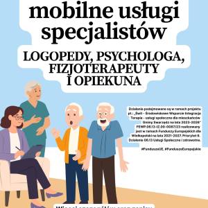 Plakat dotyczący nowych mobilnych usług na terenie gminy Swarzędz: logopedy, psychologa, fizjoterapeuty i opiekuna.