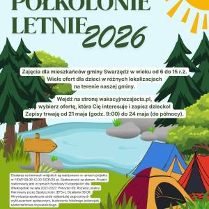 Plakat nawiązujący do letniej górskiej scenerii dotyczący półkolonii letnich 2026.