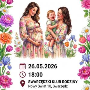 Plakat informujący o warsztatach pod tytułem Prawa mam. W ramce z kwiatów umieszczono ilustrację kobiety w ciąży i kobiety z dzieckiem na rękach.
