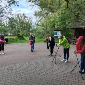 Rozgrzewka z kijkami nordic walking na bruku. W tle wiosenna zieleń drzew, drewniana wiata turystyczna i tablica z legendą o złotym tronie.