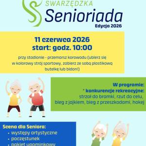 Plakat zapraszający na Senioriadę. Oprócz tekstów informacyjnych umieszczonych w kolorowych prostokątach widać ilustrowanych seniorów, którzy ćwiczą.