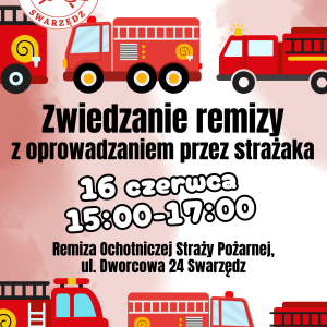 Grafika promująca zwiedzanie remizy z oprowadzaniem przez strażaka. Na biało-czerwonym tle umieszczono wozy strażackie i napisany czarną czcionką tekst.