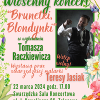 Plakat informujący o koncercie Tomasza Raczkiewicza i wystawie prac malarki Teresy Jasiak