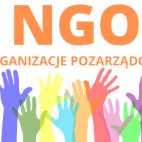 Na plakacie znajdujÄ siÄ napis âNGO ORGANIZACJE POZARZÄDOWEâ, a pod nim dziewiÄÄ kolorowych rÄk skierowanych do gÃ³ry. Od lewej strony kolor fioletowy dalej, zielony, Å¼Ã³Åty, turkusowy, pomaraÅczowy, czerwony, rÃ³Å¼owy, zielony, fioletowy. 