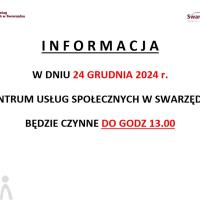 Plakat informujący o godzinach otwarcia Centrum Usług Społecznych w Swarzędzu w dniu 24 grudnia 2024. CUS będzie czynny do godziny 13:00