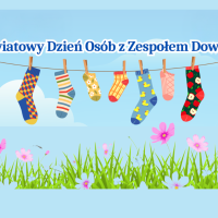 Ilustracja przedstawia kolorową łąkę, w której dominuje jasnozielona trawa i polne kwiaty w kolorze błękitnym, różowym i fioletowym. Nad łąką rozciągnięty jest sznurek, na którym wisi siedem różnokolorowych skarpetek - każda jest inna. Skarpetki są przymocowane do sznurka pojedynczymi klamerkami. Nad skarpetkami widnieje następujący napis: Światowy Dzień Osób z Zespołem Downa. Tło stanowi błękitne niebo z dwiema jasnymi chmurkami. 
