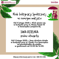 Grafika informacyjna Centrum Usług Społecznych w Swarzędzu. Na białym tle z zielonymi liśćmi w rogach znajduje się informacja o nowej lokalizacji Klubu Integracji Społecznej oraz ponownym otwarciu Swa-dzielni. Klub od 3 lutego 2025 roku mieści się przy ul. Nowy Świat 10 w Swarzędzu (wejście B). Swa-dzielnia działa w budynku przy ul. Piaski 4 w Swarzędzu, od poniedziałku do piątku, w godzinach 12:00-16:00. W prawym górnym rogu widnieje logo Swarzędza i grafika przedstawiająca dwie osoby pod parasolem. Na dole podano numer telefonu do kontaktu: 505 912 395.