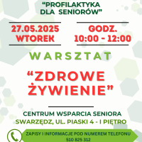 Plakat informujący o warsztacie dla seniorów pod tytułem zdrowe żywienie. Na plakacie znajdują się wszystkie informacje organizacyjne, dolny i górny pasek z logotypami projektowymi oraz informacja o finansowaniu warsztatów.