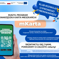 Plakat informujący o wystartowaniu programu Swarzędzka Karta Mieszkańca. Na plakacie zamieszczone są informacje co zrobić, by założyć mKartę. Grafika w kolorach błękitnym i niebieskim z ilustracją dłoni trzymającej telefon i opatrzona logotypami.