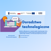 Plakat zawiera tytuł Doradztwo technologiczne, informację o finansowaniu projektu, dane teleadresowe, dwa hasztagi, pasek z logotypami, ilustrację laptopa, żarówki oraz otwartej koperty, z której wystaje zapisana kartka papieru.