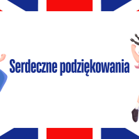Plakat zawiera tytuł serdeczne podziękowania i dwie ilustrowane postacie - ucznia i uczennicy skaczących do góry z radością i trzymających w rękach zapisane kartki.