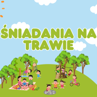Ilustracja przedstawia zielone półkole przywodzące na myśl kulę ziemską, na której rosną drzewa. Pomiędzy nimi na trawie piknikują ludzie. W tle widać błękitne niebo z białymi chmurami i świecące słońce. W środku umieszczono napis Śniadania na trawie.