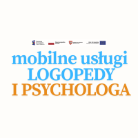 Plakat przedstawiający logotypy i nazwę mobilnych usług logopedy i psychologa.
