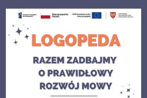 Plakat informacyjny dotyczący usługi logopedy. Na górze strony logotypy projektowe, a w centralnej części dwoje rozmawiających ludzi.