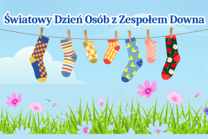 Ilustracja przedstawia kolorową łąkę, w której dominuje jasnozielona trawa i polne kwiaty w kolorze błękitnym, różowym i fioletowym. Nad łąką rozciągnięty jest sznurek, na którym wisi siedem różnokolorowych skarpetek - każda jest inna. Skarpetki są przymocowane do sznurka pojedynczymi klamerkami. Nad skarpetkami widnieje następujący napis: Światowy Dzień Osób z Zespołem Downa. Tło stanowi błękitne niebo z dwiema jasnymi chmurkami. 